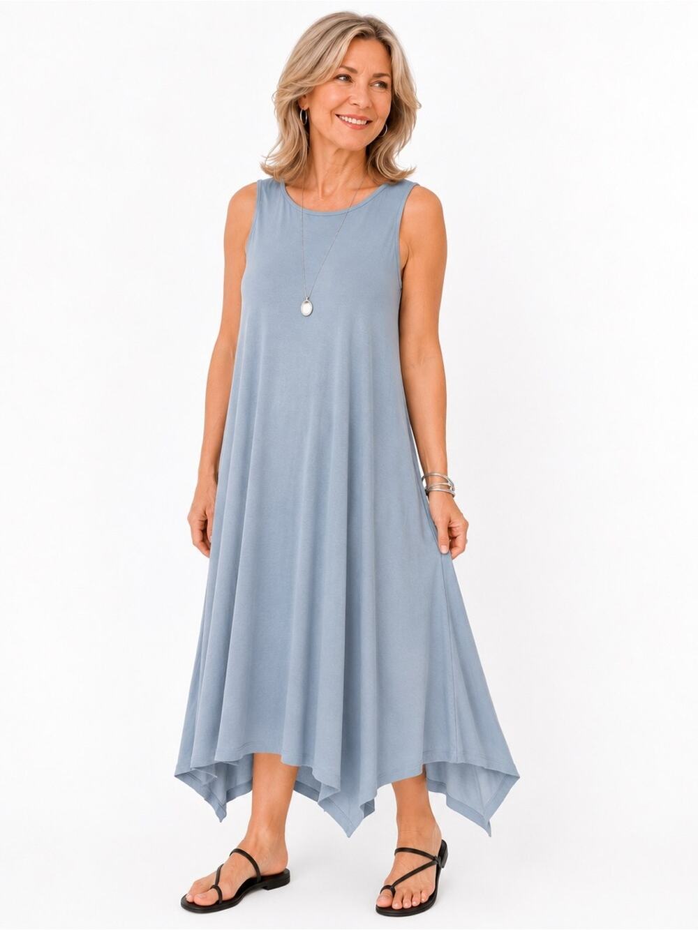 Eileen Fisher Blue Sleeveless Swing Asymmetric Midi Dress Size M Jersey Knit